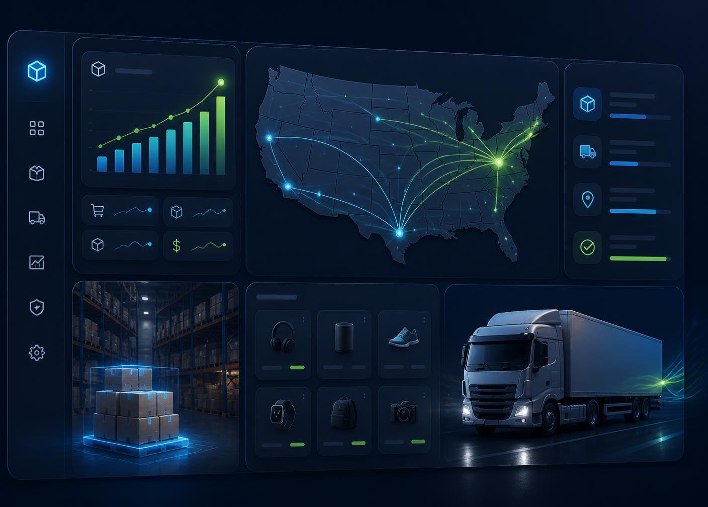 AlWasl Collection warehouse dashboard showing US shipping routes, live order analytics, and same-day fulfillment